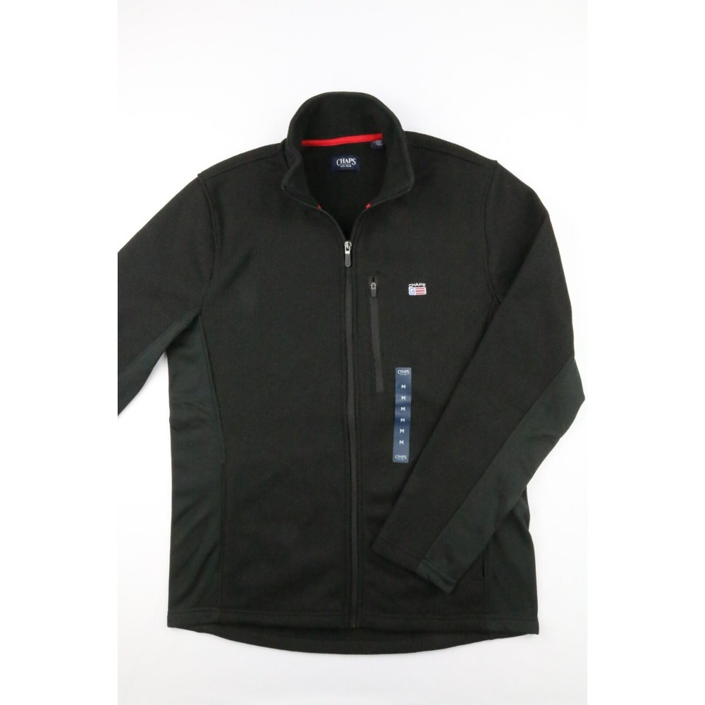 Chaps Mens Black Textured Knit Softshell Full Zip Jacket Size M Embroidered Flag
